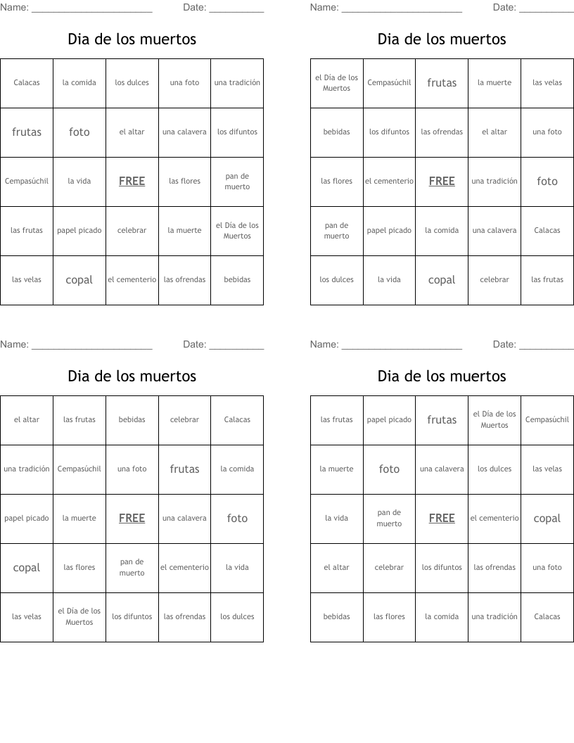 Dia de los muertos  Bingo Cards