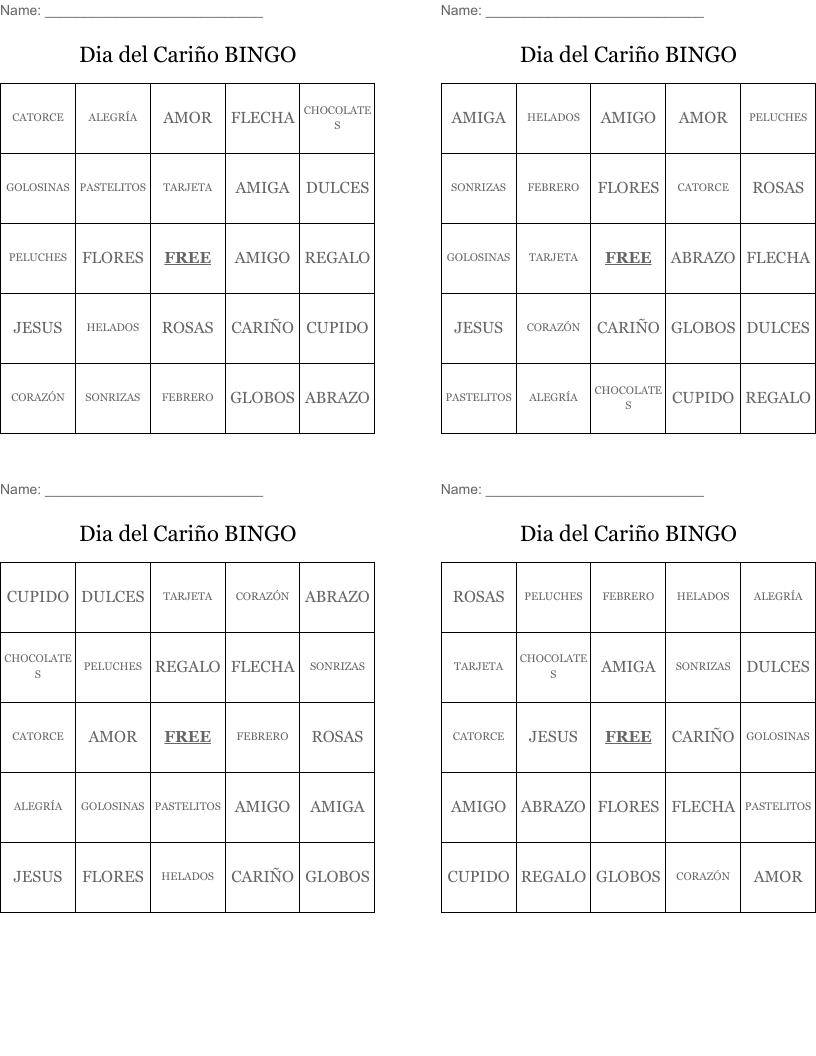 Dia del Cariño BINGO