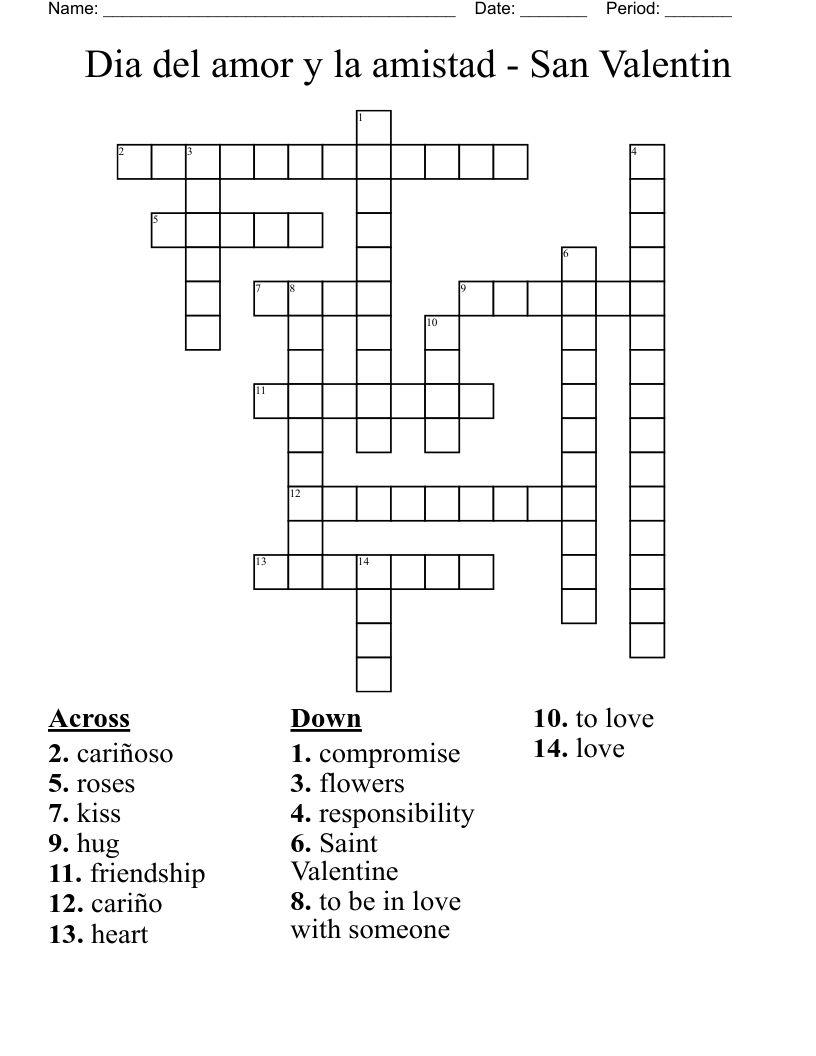 Dia del amor y la amistad - San Valentin Crossword