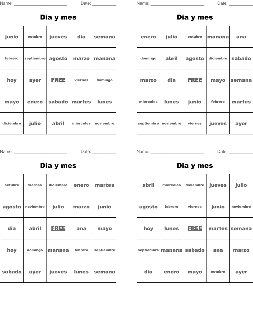 Dia y mes Bingo Cards