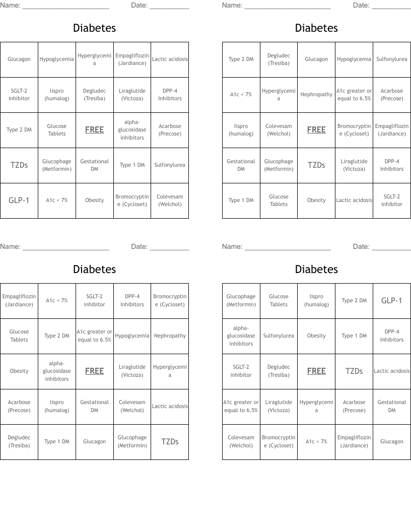 Diabetes Bingo Cards
