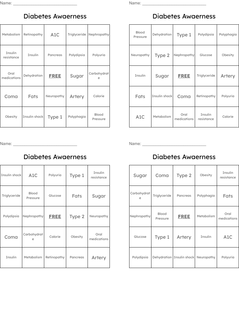 Diabetes Awaerness Bingo Cards