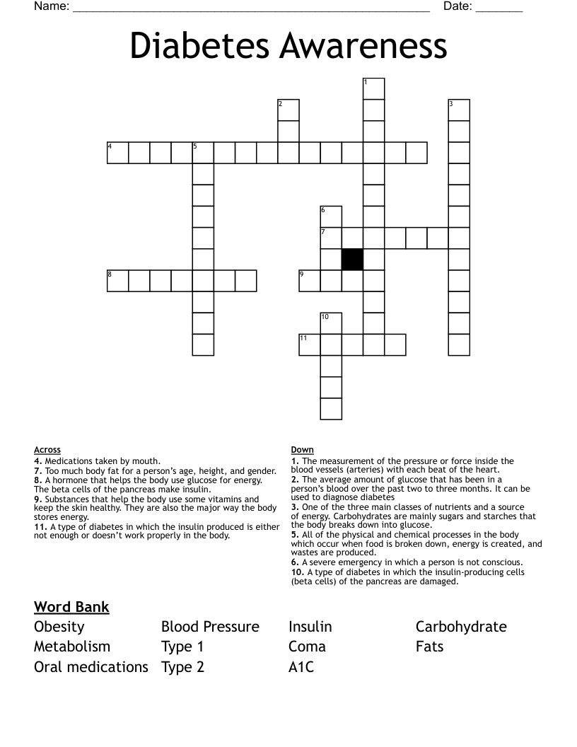 Diabetes Awareness Crossword