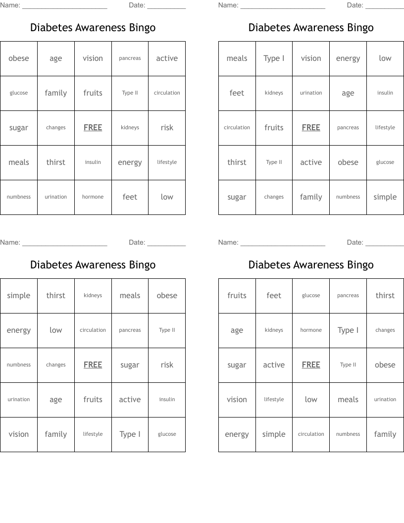 Diabetes Awareness Bingo