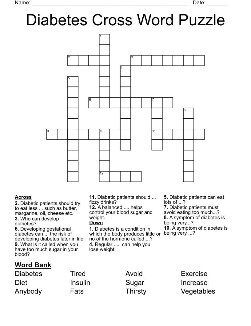 Diabetes Cross Word Puzzle