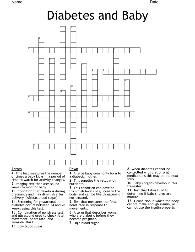 Diabetes and Baby Crossword