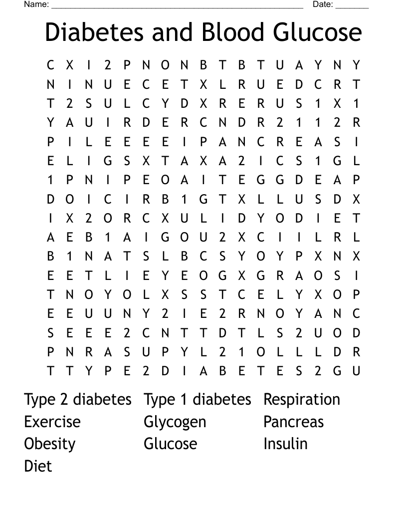 Diabetes and Blood Glucose Word Search