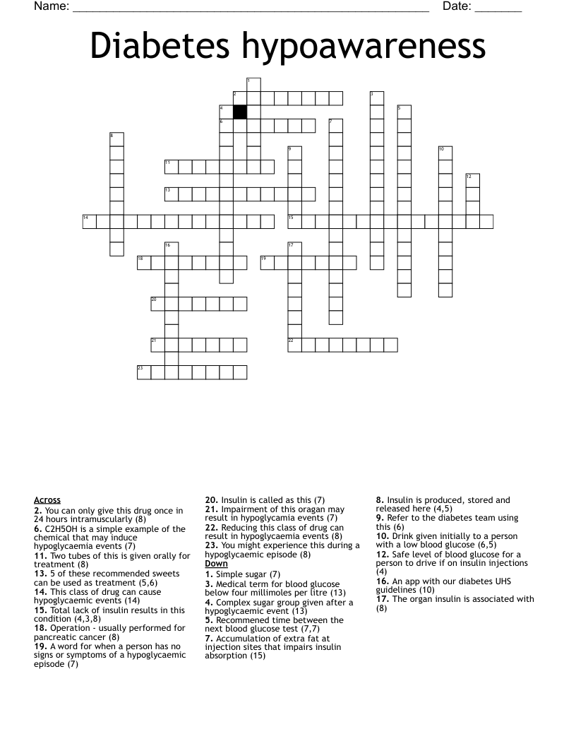 Diabetes hypoawareness Crossword