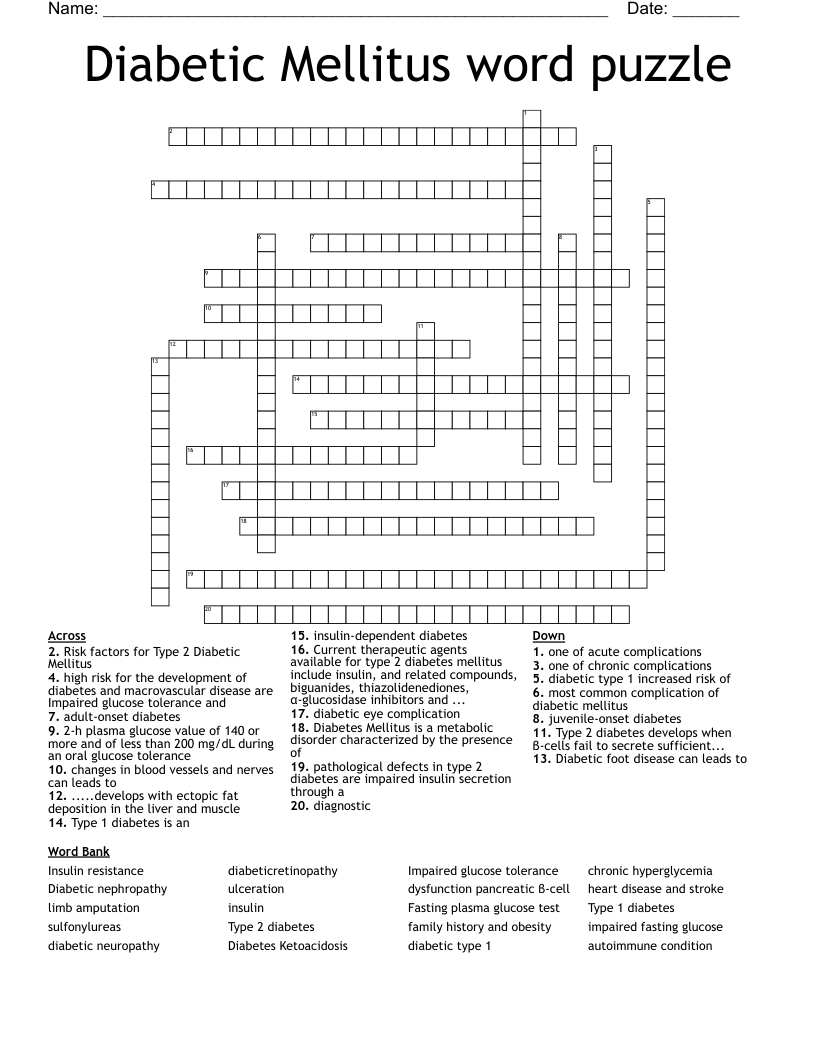 Diabetic Mellitus word puzzle Crossword