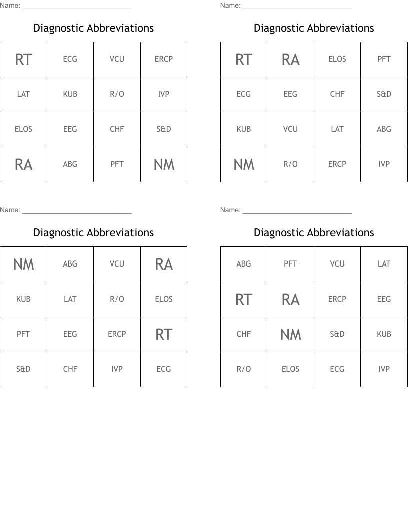 Diagnostic Abbreviations Bingo Cards