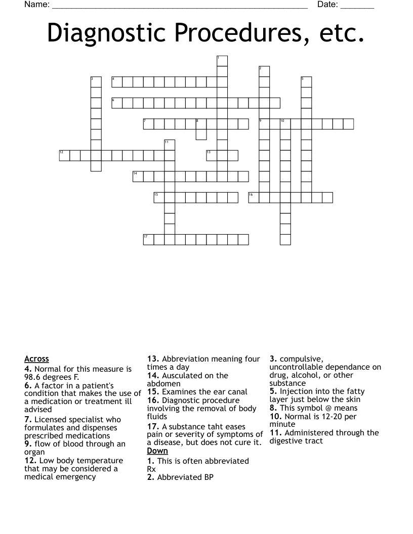 Diagnostic Procedures, etc. Crossword