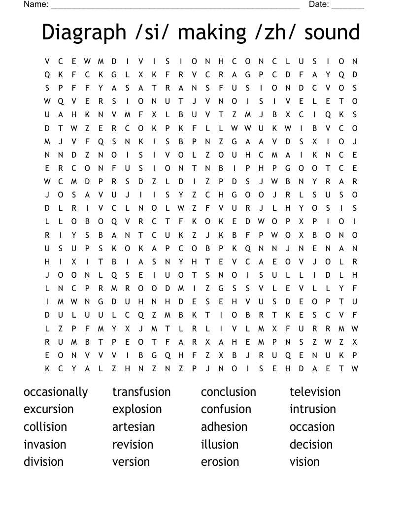 Diagraph /si/ making /zh/ sound Word Search