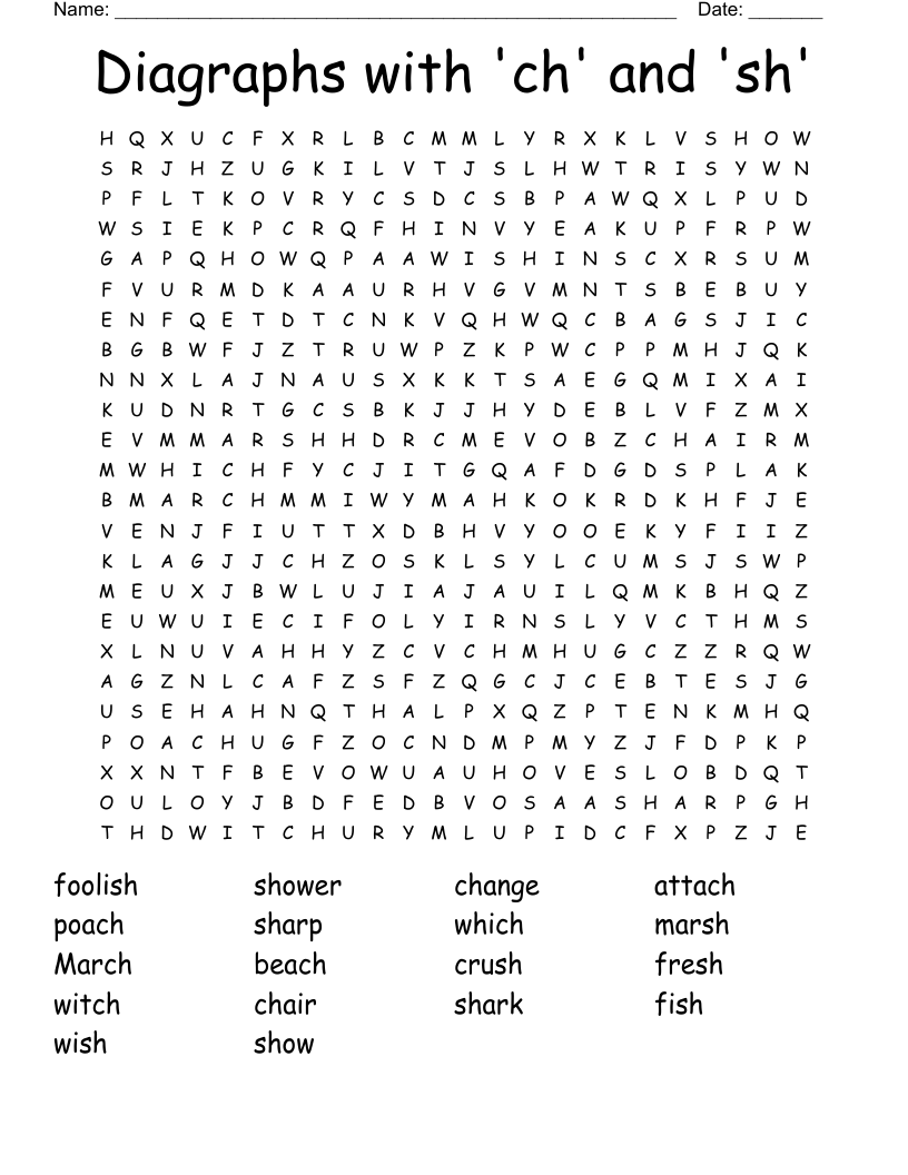 Diagraphs with 'ch' and 'sh' Word Search