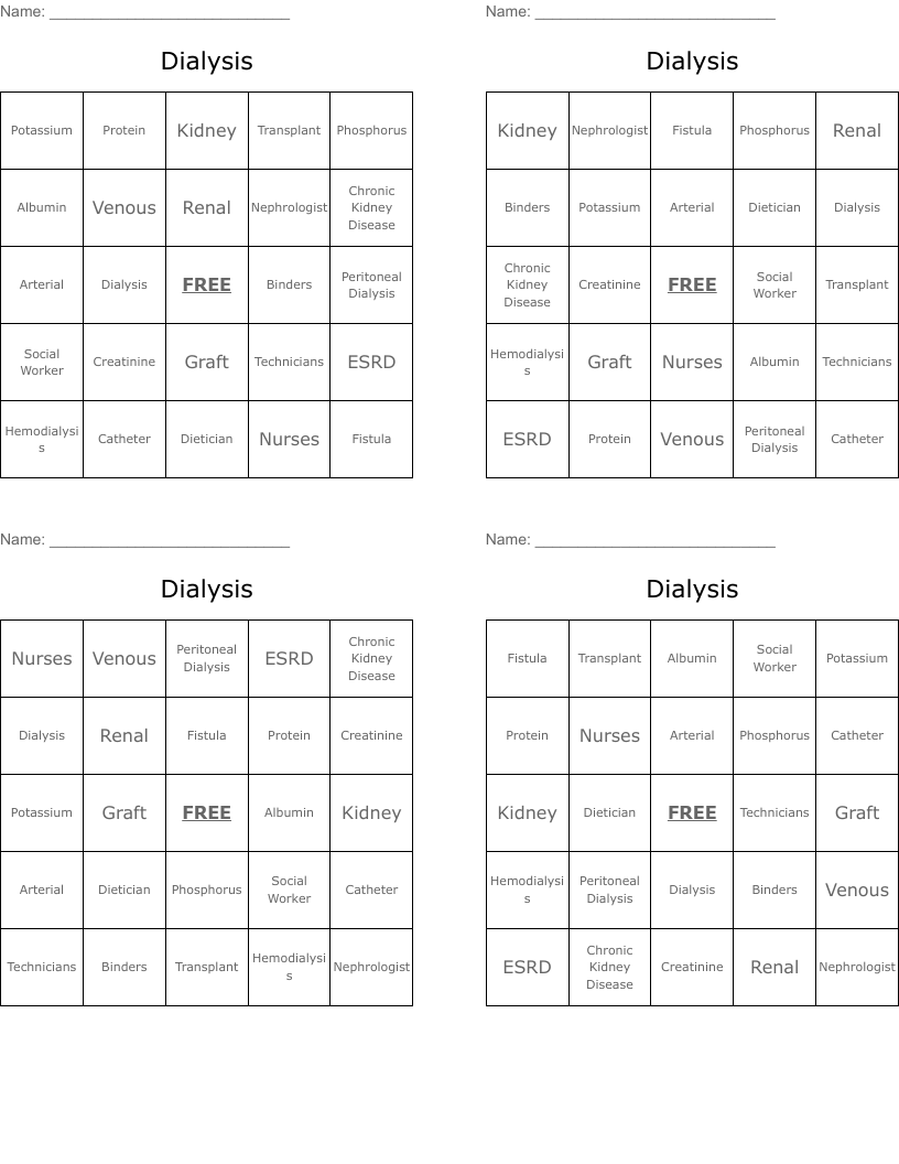 Dialysis Bingo Cards