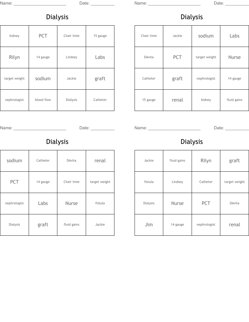 Dialysis  Bingo Cards