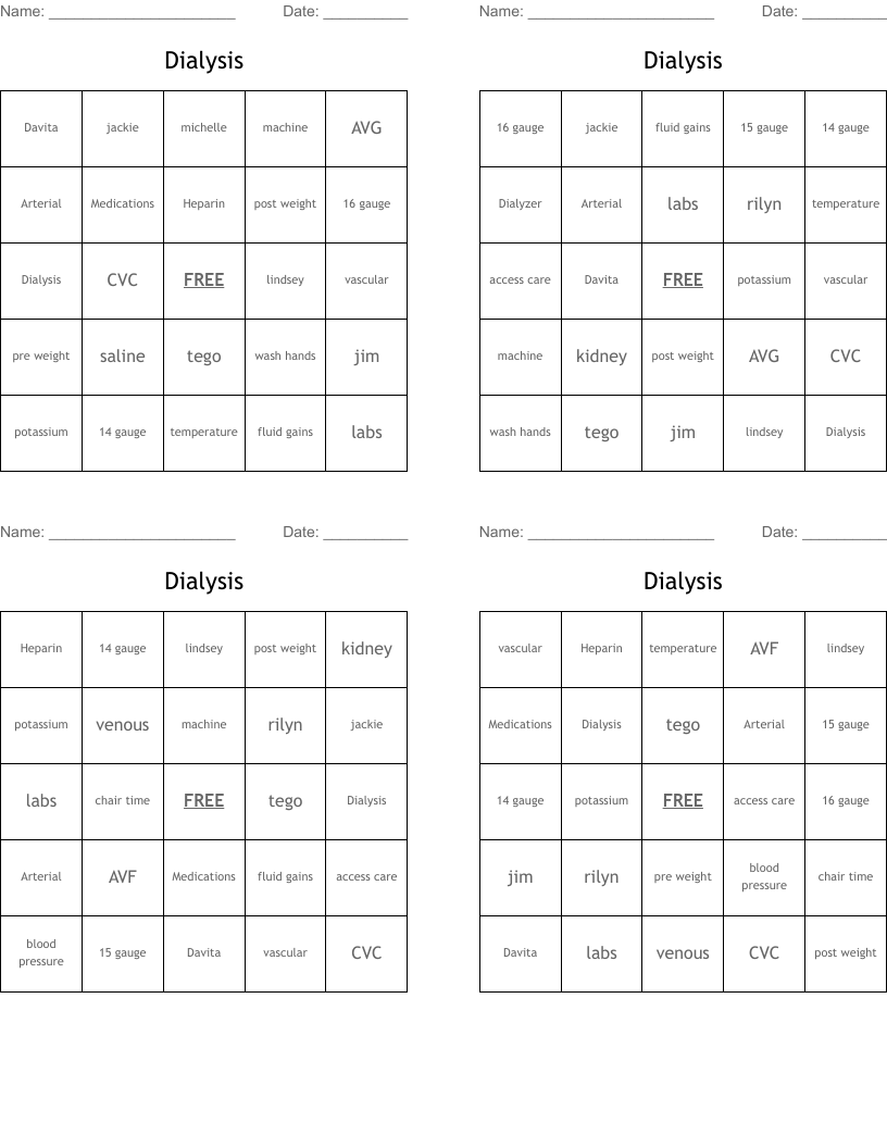 Dialysis  Bingo Cards