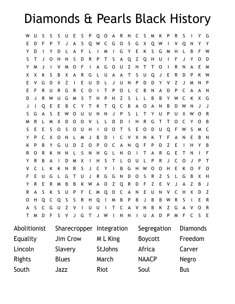 Diamonds & Pearls Black History Word Search