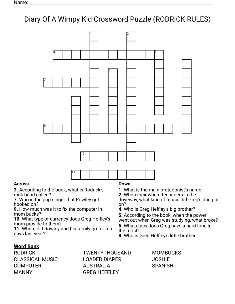 Diary Of A Wimpy Kid Crossword Puzzle (RODRICK RULES)