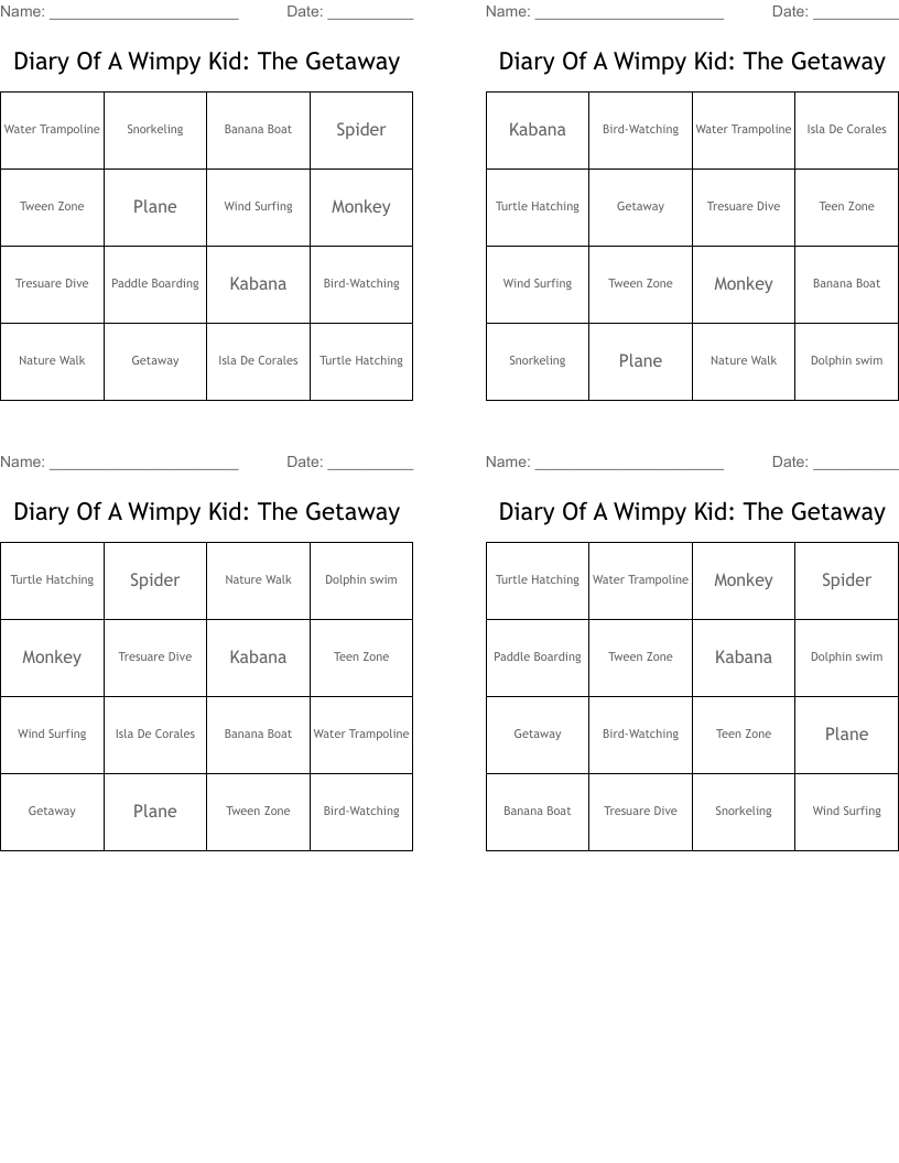 Diary Of A Wimpy Kid: The Getaway Bingo Cards
