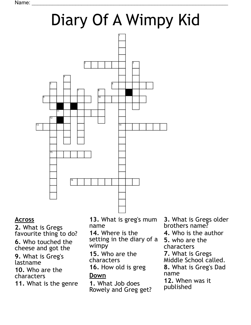 Diary Of A Wimpy Kid  Crossword