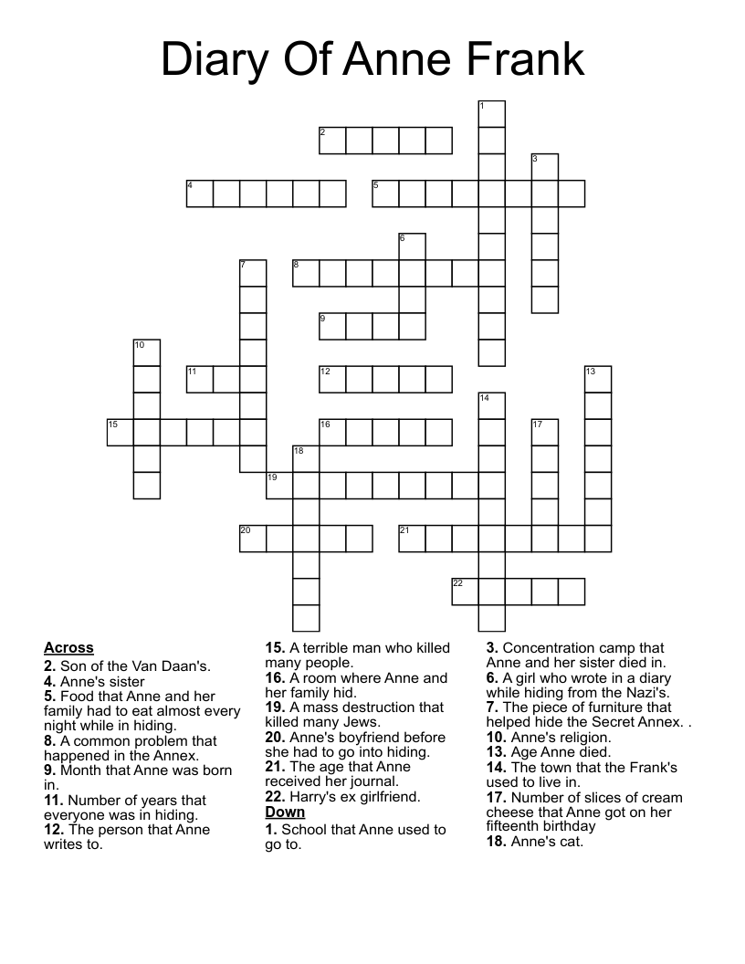 Diary Of Anne Frank Crossword