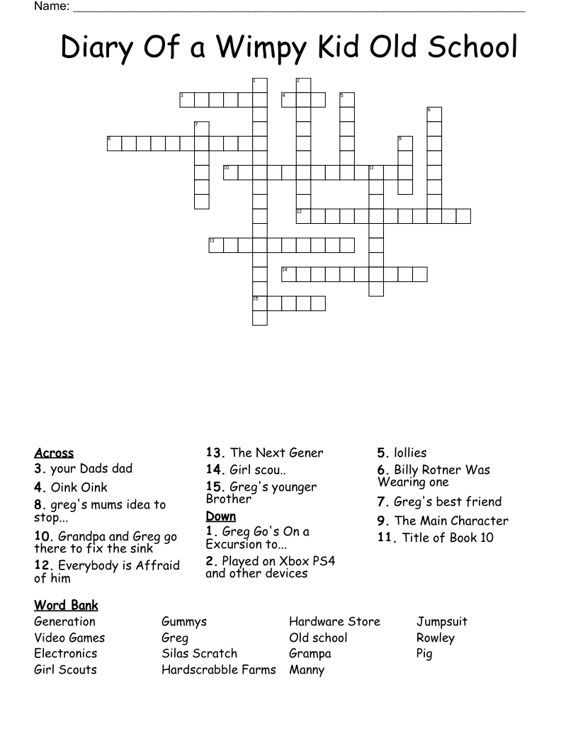 Diary Of a Wimpy Kid Old School Crossword