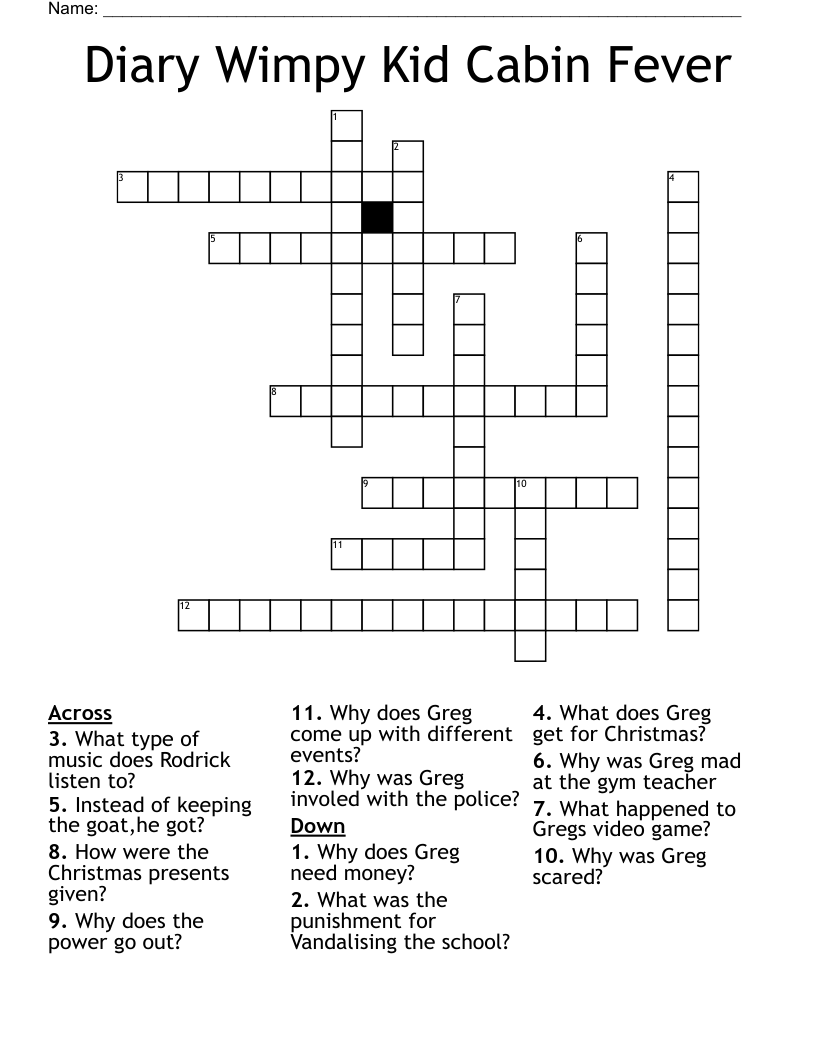 Diary Wimpy Kid Cabin Fever Crossword