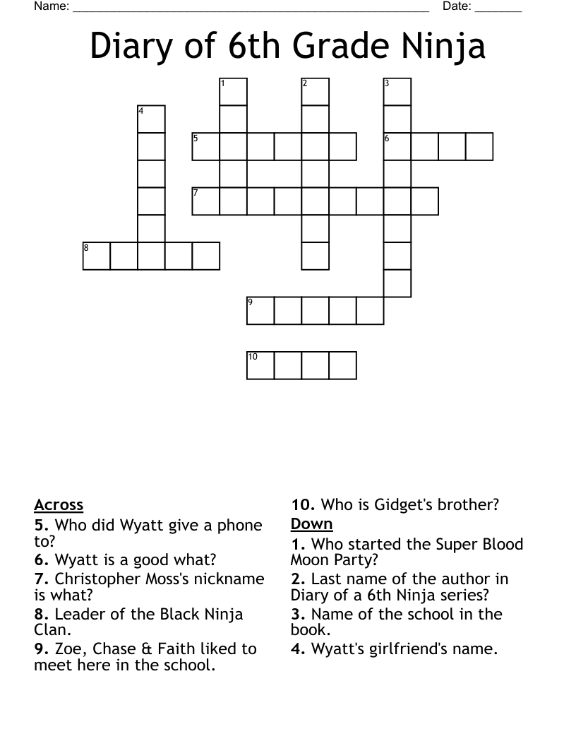 Diary of 6th Grade Ninja Crossword