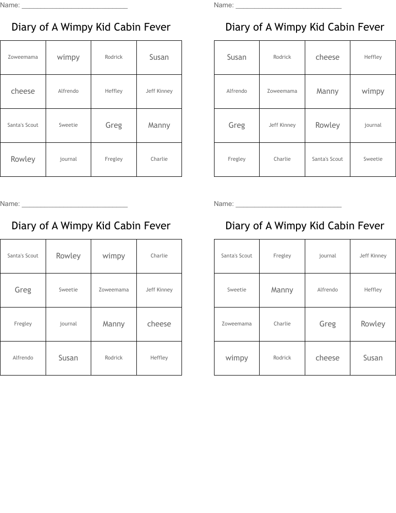 Diary of A Wimpy Kid Cabin Fever Bingo Cards