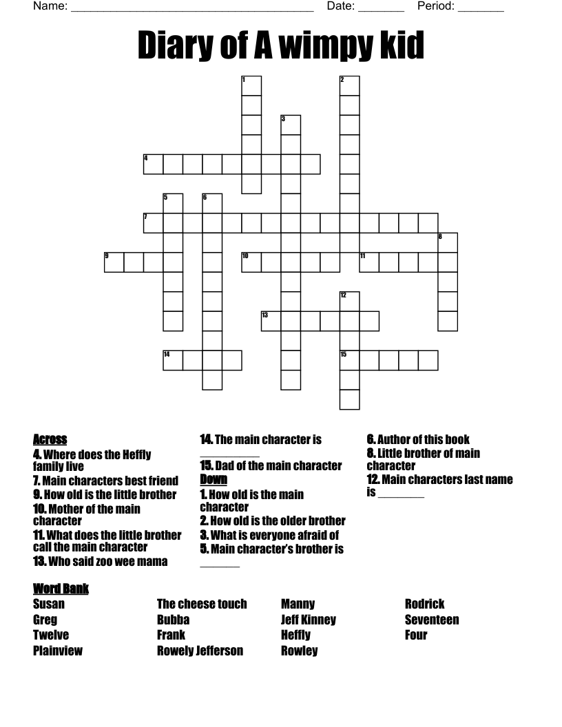 Diary of A wimpy kid  Crossword
