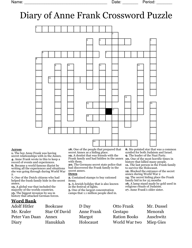 Diary of Anne Frank Crossword Puzzle