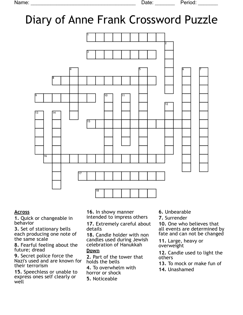 Diary of Anne Frank Crossword Puzzle