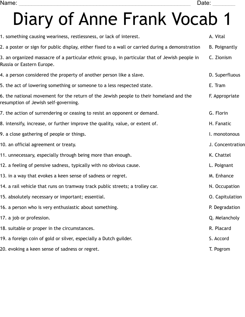 Diary of Anne Frank Vocab 1 Worksheet