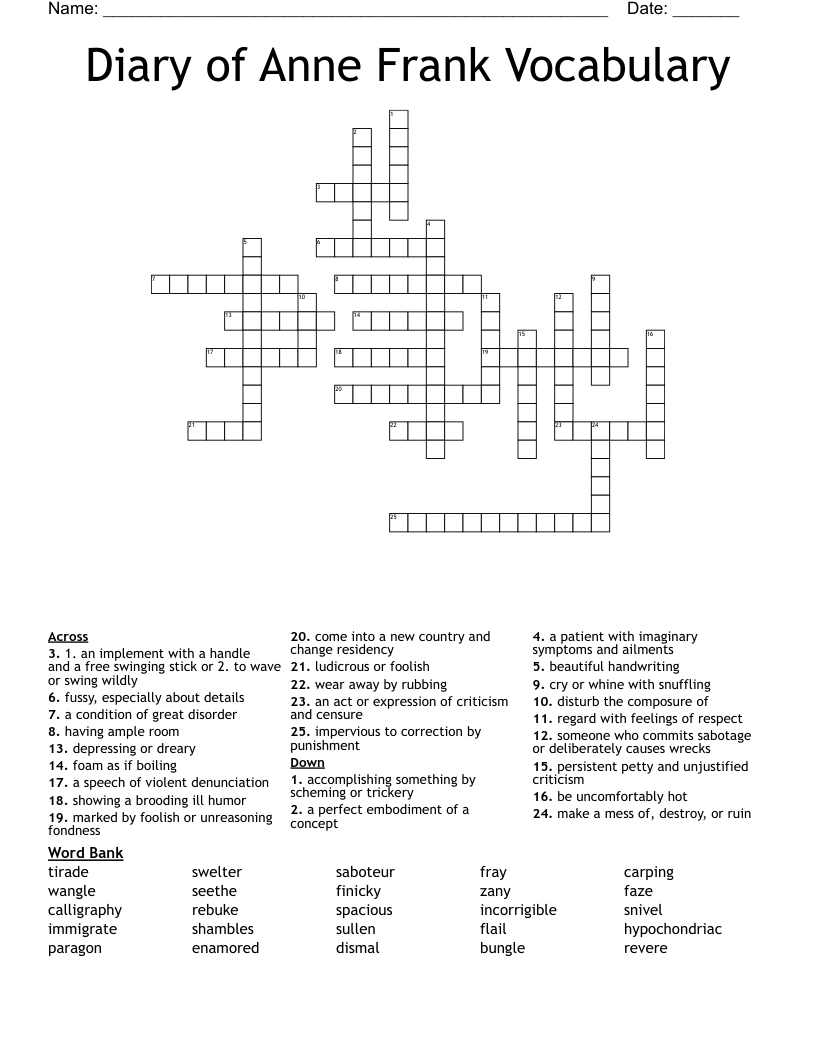 Diary of Anne Frank Vocabulary Crossword