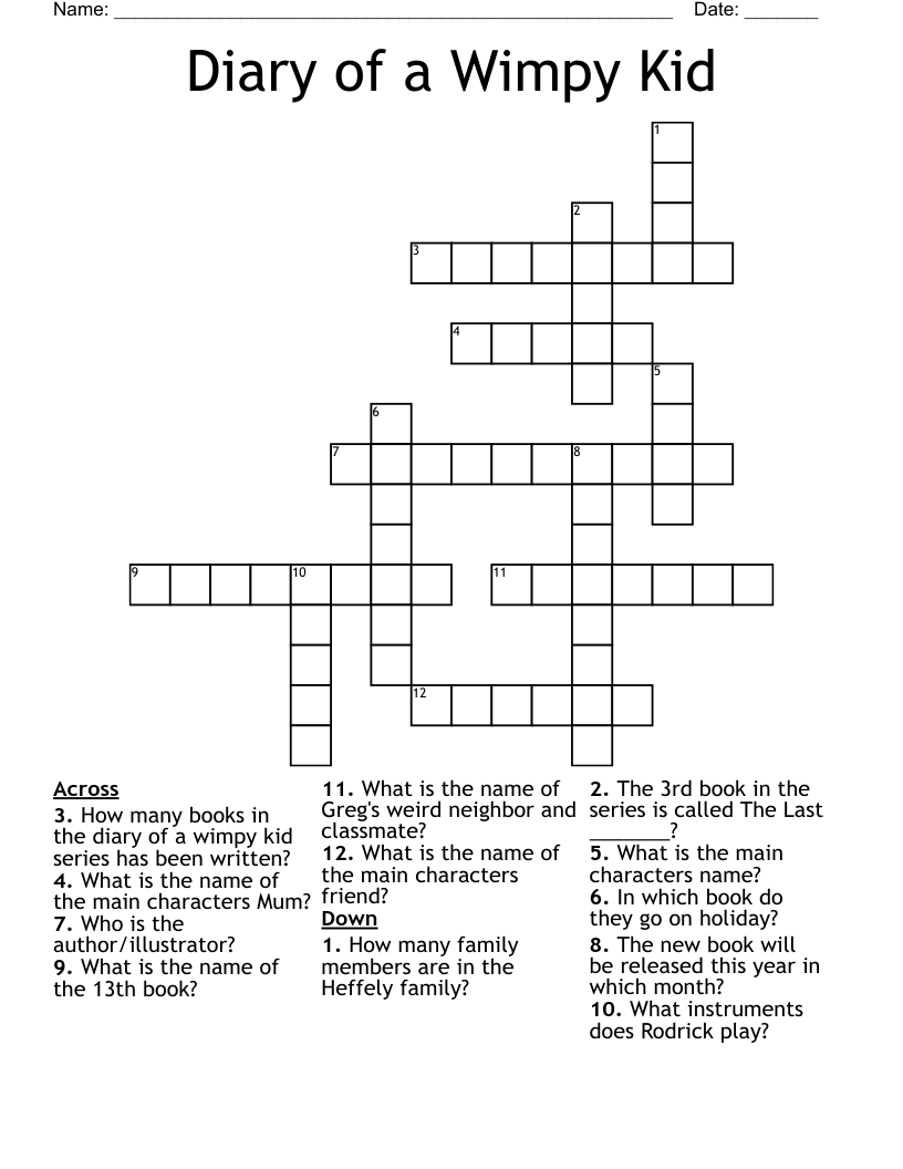 Diary of a Wimpy Kid Crossword