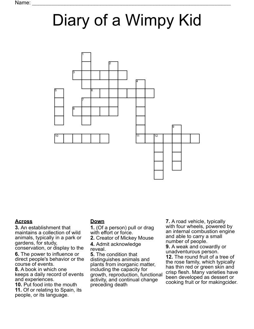 Diary of a Wimpy Kid Crossword