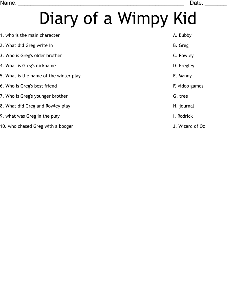 Diary of a Wimpy Kid Worksheet