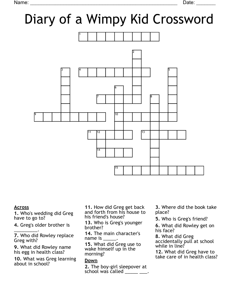 Diary of a Wimpy Kid Crossword