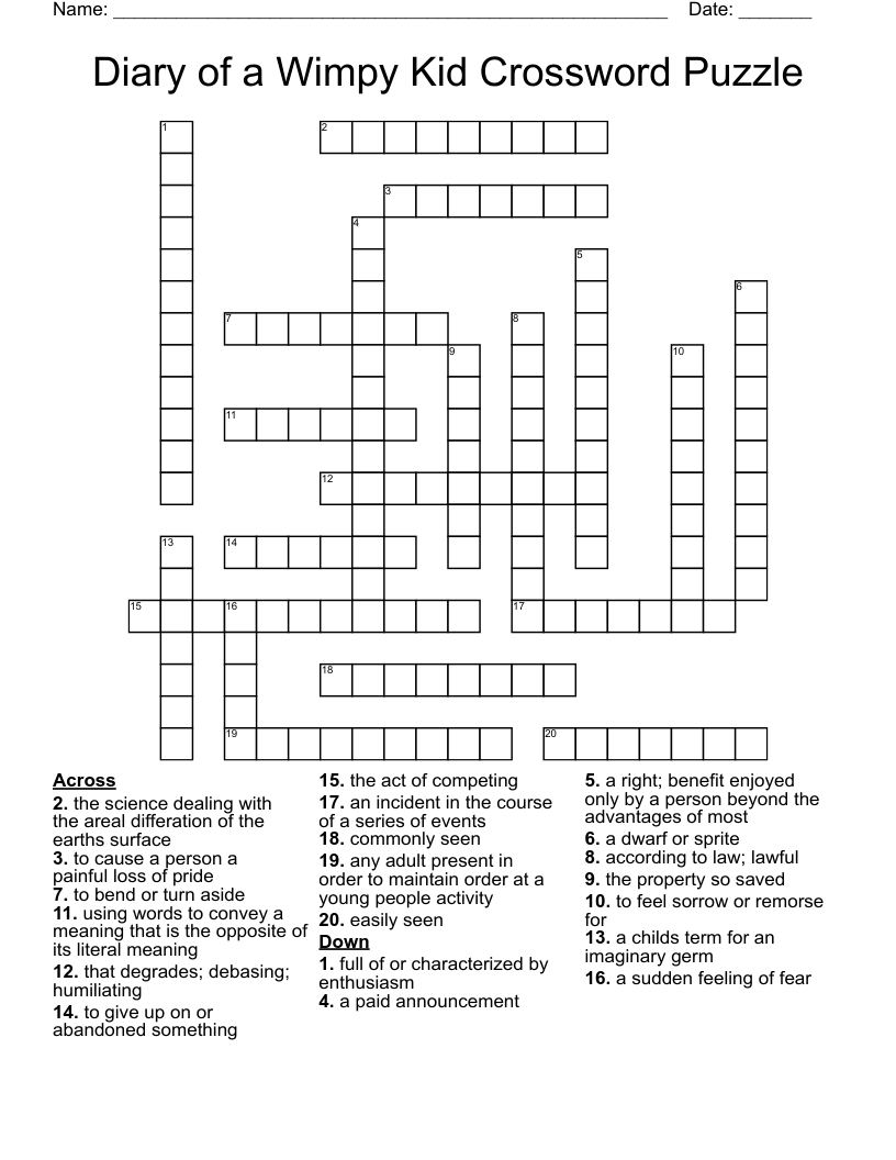 Diary of a Wimpy Kid Crossword Puzzle
