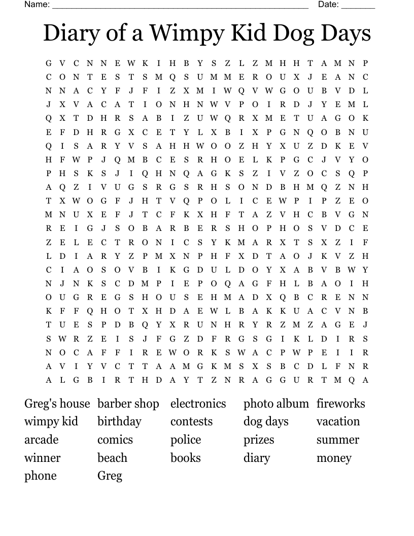 Diary of a Wimpy Kid Dog Days Word Search