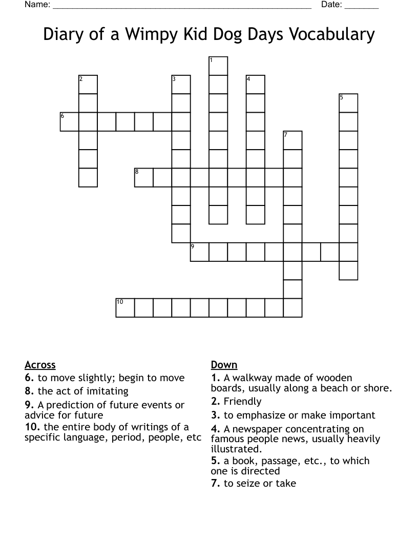 Diary of a Wimpy Kid Dog Days Vocabulary Crossword