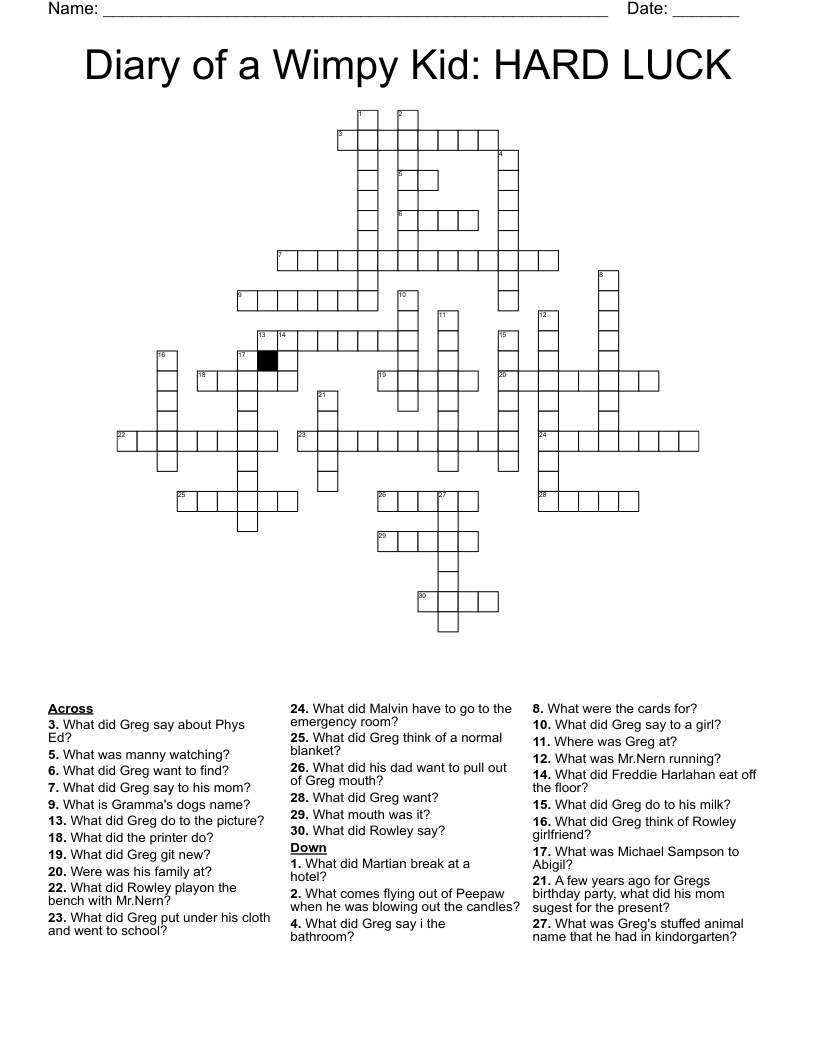 Diary of a Wimpy Kid: HARD LUCK Crossword