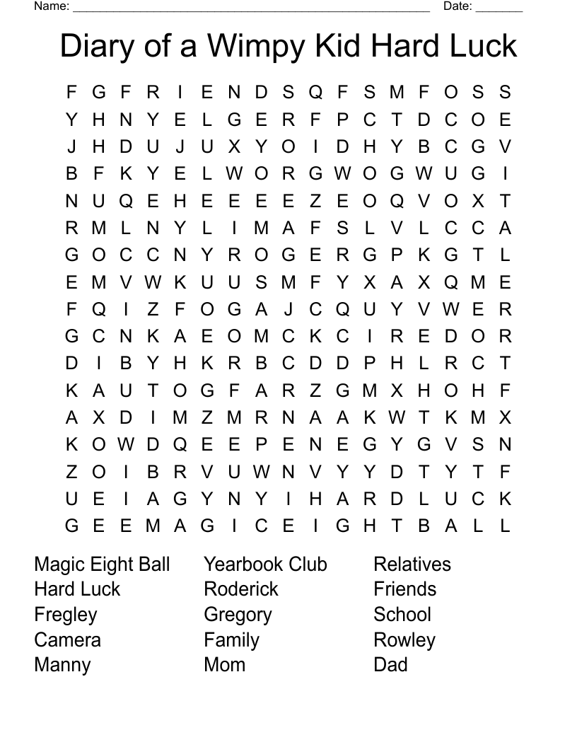 Diary of a Wimpy Kid Hard Luck Word Search