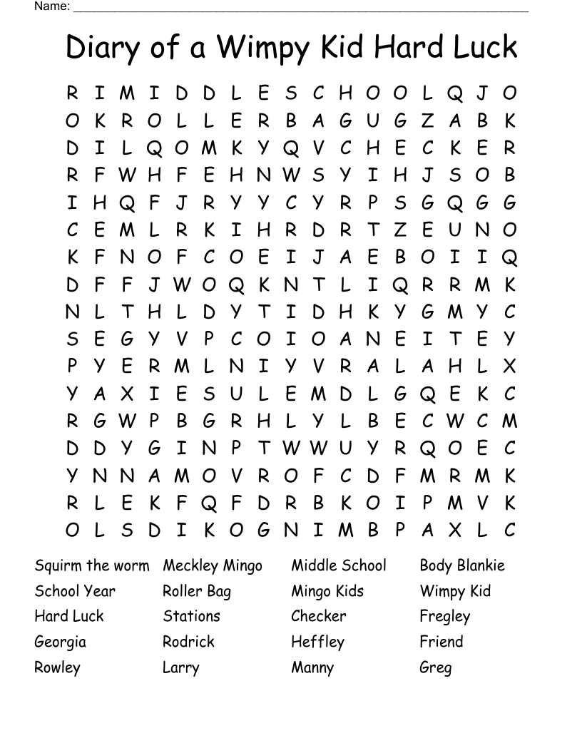 Diary of a Wimpy Kid Hard Luck  Word Search