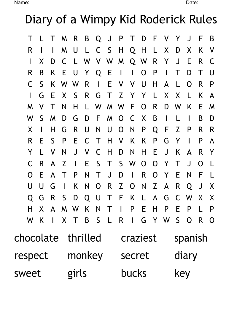 Diary of a Wimpy Kid Roderick Rules Word Search