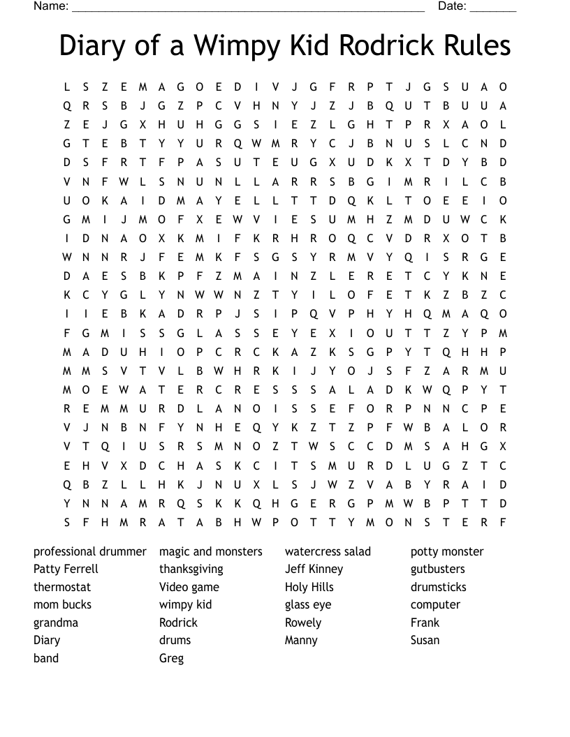 Diary of a Wimpy Kid Rodrick Rules Word Search