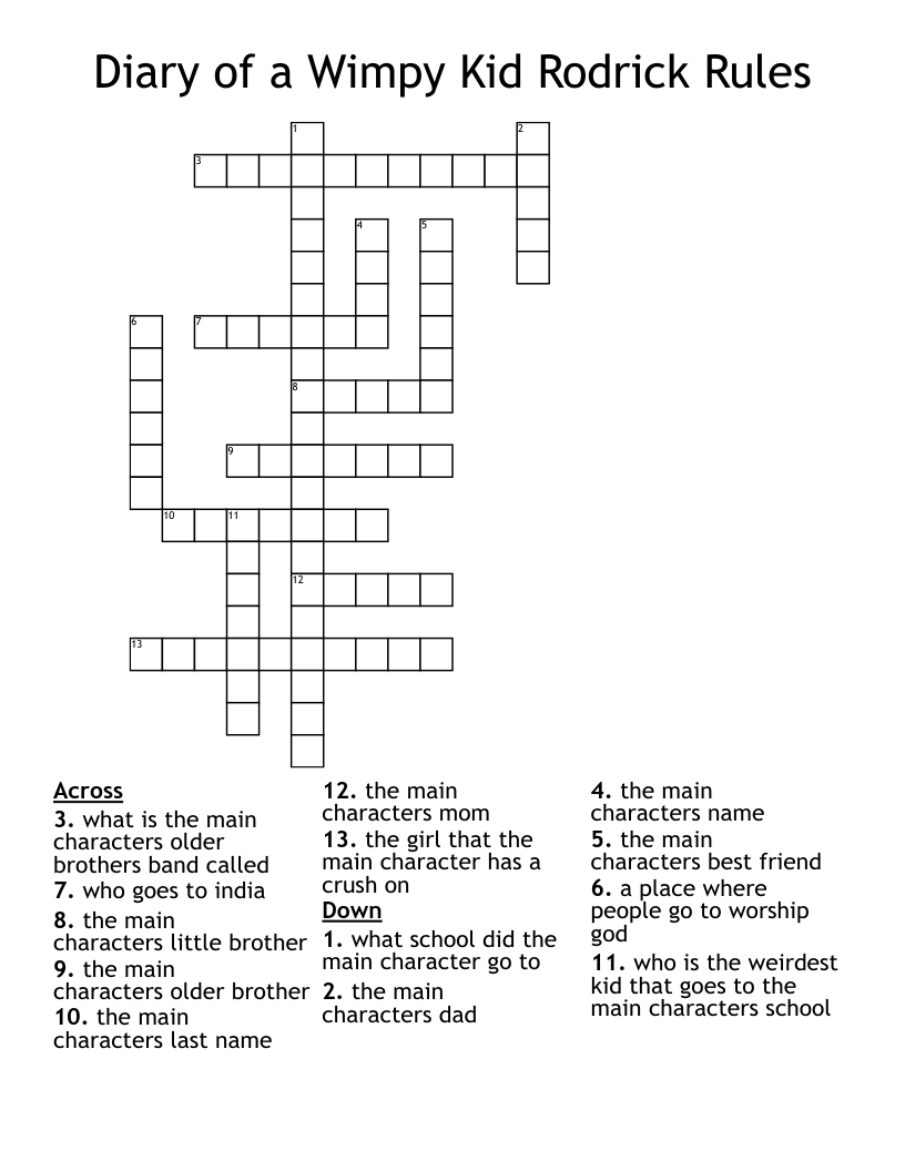 Diary of a Wimpy Kid Rodrick Rules Crossword