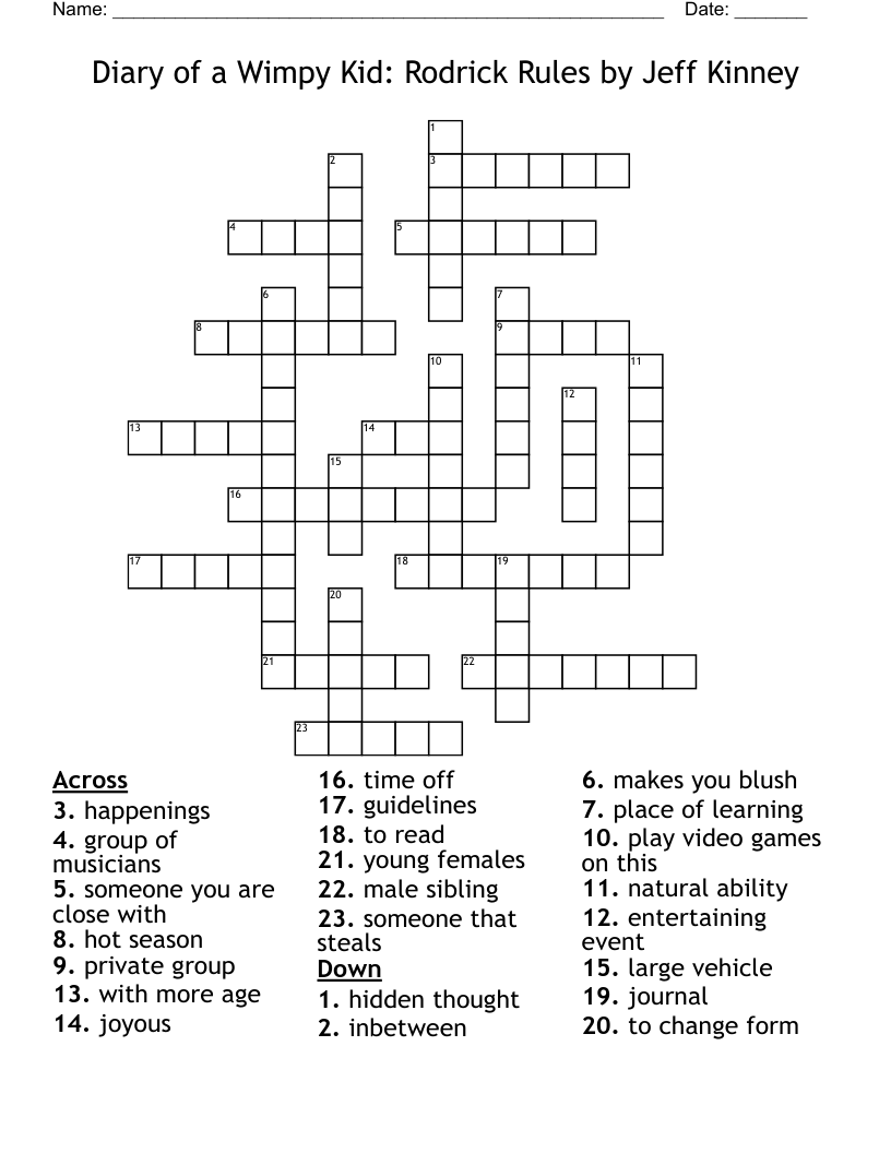 Diary of a Wimpy Kid: Rodrick Rules by Jeff Kinney Crossword