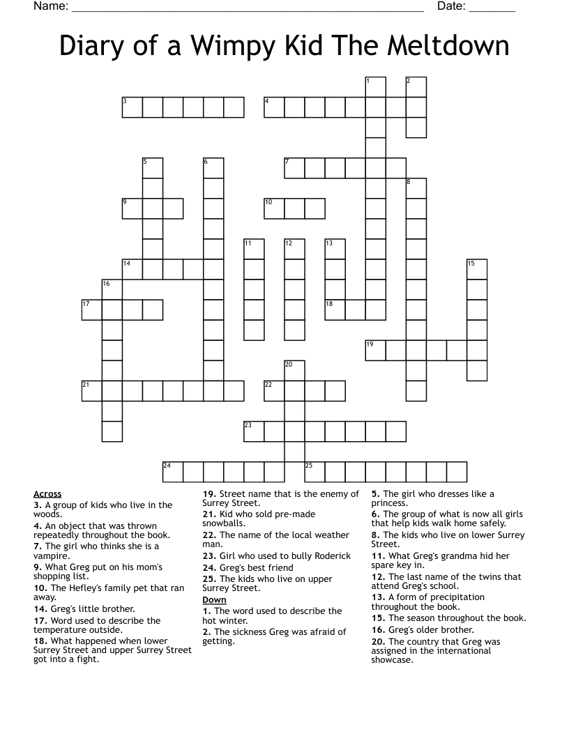 Diary of a Wimpy Kid The Meltdown Crossword