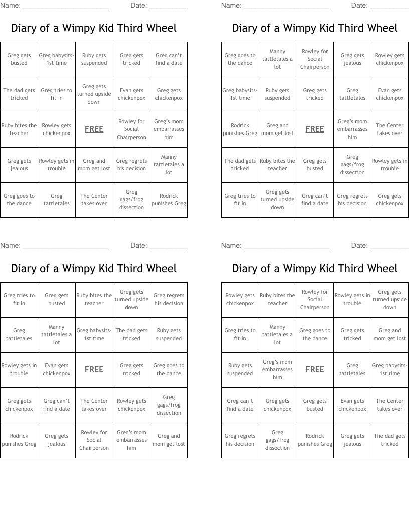 Diary of a Wimpy Kid Third Wheel Bingo Cards